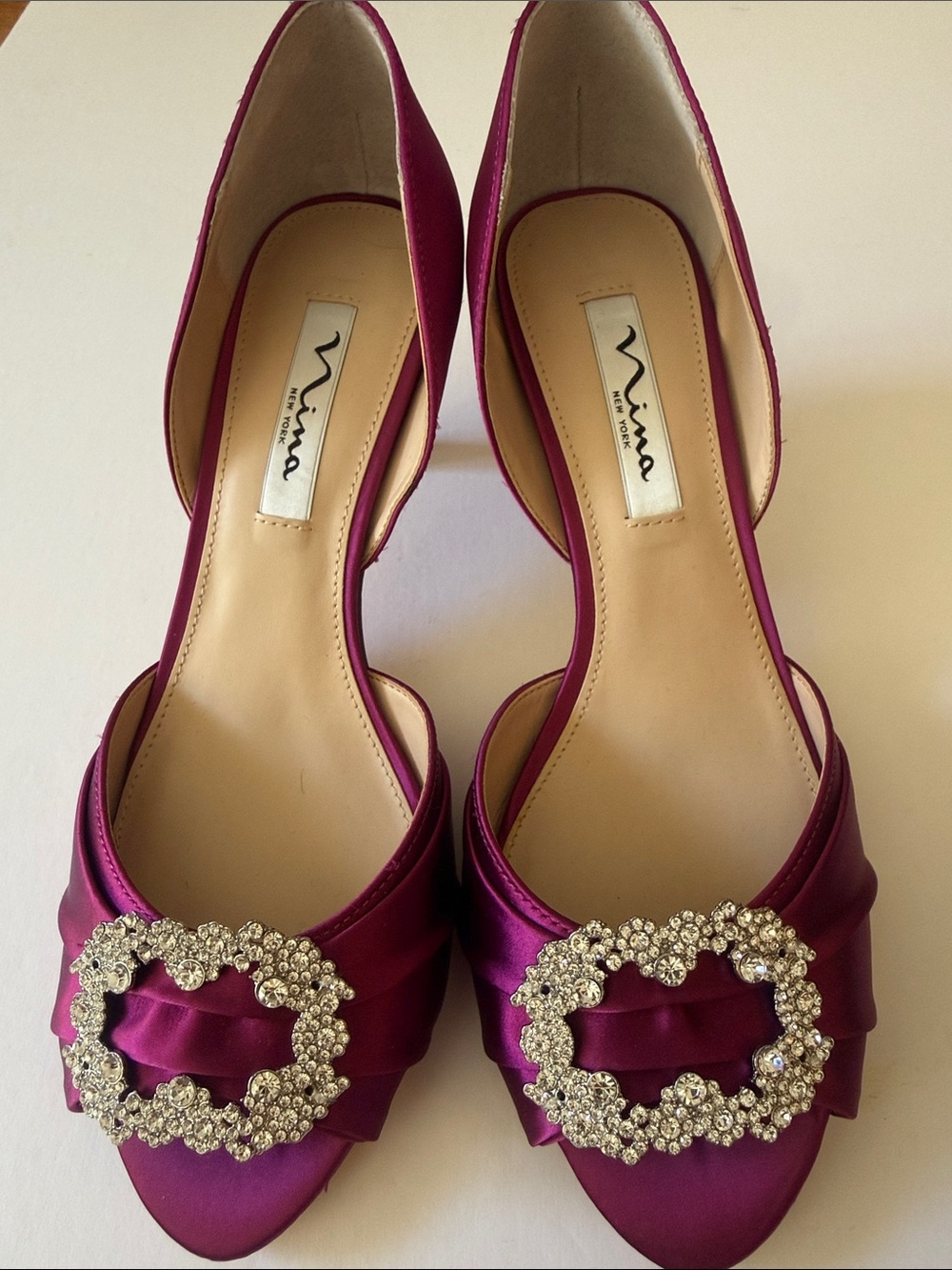 NWOB NINA NY Fuchsia Satin D'Orsay Heels with Crystal Buckle Size 8.5 M